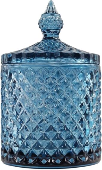 Sizikato Diamond Faceted Crystal Glass Candy Jar with Lid, Blue Decorative Jar, Jewelry Box, Cotton Swab Storage Holder.