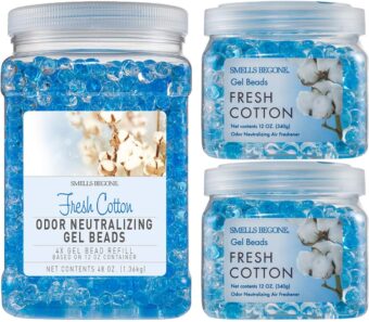 SMELLS BEGONE Odor Eliminator Gel Bead Value Pack - 72 oz - Air Freshener - Made with Essential Oils - Eliminates Odors in Bathrooms, Pet Areas, Cars, & Boats - Fresh Cotton Scent