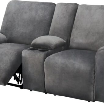 ULTICOR Reclining Loveseat with Middle Console Slipcover, 8-Piece Velvet Stretch Sofa Covers, 2 seat Loveseat Recliner Cover, Thick, Soft, Washable(Dark Grey)