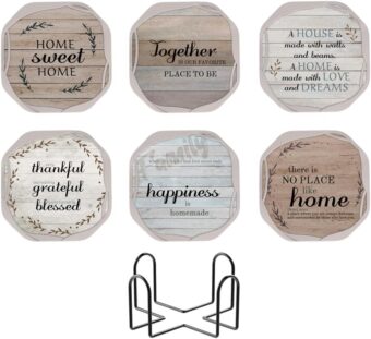 UMIRRO Rustic Country Farmhouse Coasters with Holder for Wooden Coffee Table, Absorbent Felt Drink Coasters with Silicone Cases, Housewarming Gifts for New House/Home, 4",...