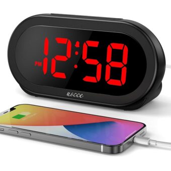 uscce Small Digital Alarm Clock with USB Port for Charging, 0-100% Adjustable Brightness Dimmer, Red Digit Display, Alarm Volume with 5 Alarm Sounds, 12/24Hr, Snooze, Compact...