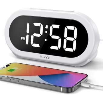 USCCE Small Digital Alarm Clock with USB Port for Charging, 0-100% Adjustable Brightness Dimmer, White Digit Display, Alarm Volume with 5 Alarm Sounds, 12/24Hr, Snooze, Compact...