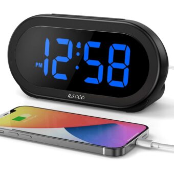 uscce Small Digital Alarm Clock with USB Port for Charging, 0-100% Adjustable Brightness Dimmer, Blue Digit Display, Alarm Volume with 5 Alarm Sounds, 12/24Hr, Snooze, Compact...