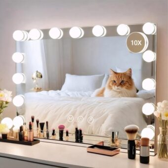 Vanity Mirror with Lights 22" x 18" White Makeup Mirror Hollywood Mirror with 15 Dimmable LED Bulbs 3 Color Modes 10X Magnification & USB Charging Port Mirror for Bathroom or...