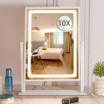 Vanity Mirror with Lights, Hollywood Makeup Mirror with Lights, Touch Control, 3 Color Lighting Modes, Dimmable, Detachable 10X Magnification Mirror, 360° Rotation (16in, White)