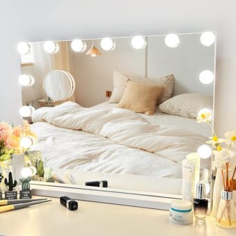 Vanity Mirror with Lights Lighted Makeup Mirror with 15 Dimmable LED Bulbs,3 Color Lighting Modes,USB Charging Port Touch Control,Sturdy Metal Frame Design 24x18 Inch,White