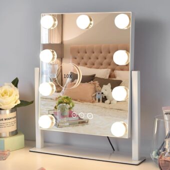 Vanity Mirror with Lights,Lighted Vanity Mirror with 9 Dimmable Bulbs for Dressing Room & Bedroom,3 Color Lighting,Modes Detachable 10x Magnification 360°Ratation(White)