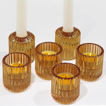 Vixdonos Ribbed Glass Taper Candlestick Holders Set of 6 Tealight Votive Candle Holder Bulk for Table Centerpieces,Party, Wedding and Home Decor