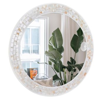 White Round Mirror 30 Inch, Natural Shell Framed Circle Wall Mirror, Mosaic Round Mirrors for Bathroom Bedroom Living Room or Entrayway (30")