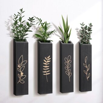 Wood Wall Planter, Farmhouse 4 Pack Indoor Pocket Wall Vases Decor for Living Room Bedroom Dried Flowers Faux Greenery Plants (Black)