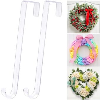 12" Clear Wreath-Hanger Non Scratch Over The Door Hooks,2 Pack Wreath-Door-Hanger Easter Halloween Christmas Decoration,Welcome Sign for Front Door Décor Inside Outside,Slim...