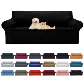 2025 New Stretch Sofa Slipcovers Couch Cover for 3 Cushion Furniture Protector Sofa Covers with Elastic Bottom Jacquard Fabric Small Checks for Pets, Kids -Sofa, Black