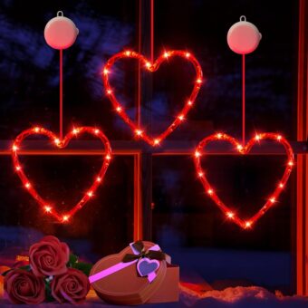 3 Pack Valentines Day Window Lights Decorations with Timer, Battery Powered Hanging Red Lighted Heart Shaped Silhouette Sucker LED Lamp for 2025 Holiday Fireplace Indoor Home Decor