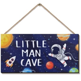 ZIEYOMI- Little Man Cave Sign Space Boys Room Decor, Astronaut Theme Bedroom Nursery Decor Hanging Wall Art, Wooden Plaque Outer Space Decor for Toddler Boys Room Kids Playroom...